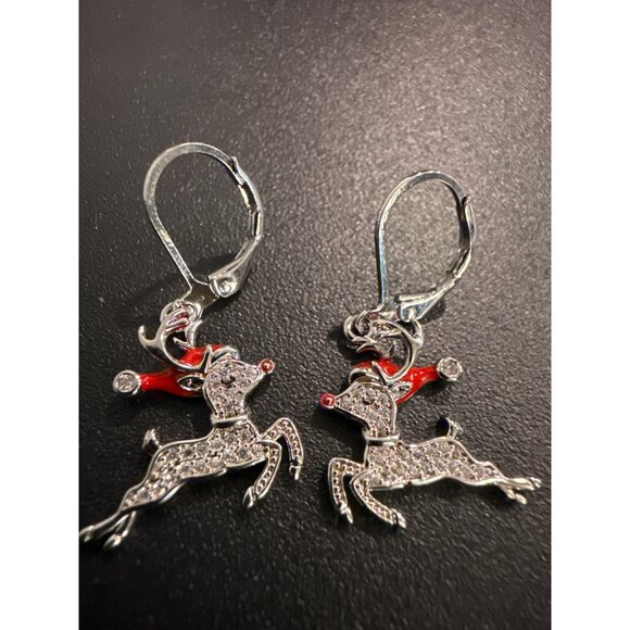 Rhinestone Reindeer Dangle Earrings Festive Leverback Holiday Jewelry - Picture 2 of 4
